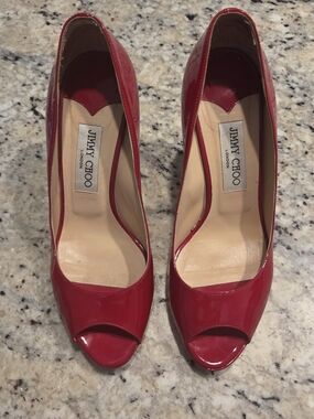 Jimmy Choo Red Patent Open-Toe Pumps